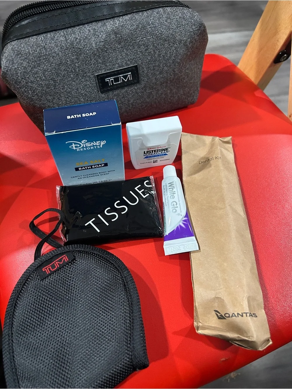 Tumi Gray Textured travel Toiletry Dopp Kit contents sealed